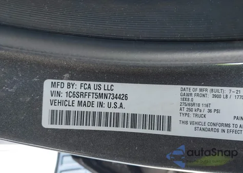 2021 Ram 1500 Big Horn 4X4 5'7 Box из США, поврежденный, VIN 1C6SRFFT5MN734426